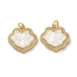Real 18K Gold Plated Brass Micro Pave Cubic Zirconia with Synthetic Opal Pendants, with Jump Ring, Cadmium Free & Lead Free, Real 18K Gold Plated, 17.5x18x3.5mm