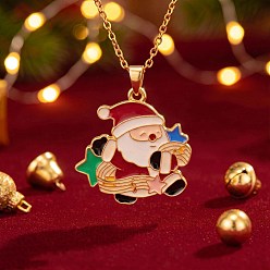 Santa Claus Рождественские латунные красочные эмалированные подвески на цепочке, с 304 кабельными цепочками из нержавеющей стали, золотые, Дед Мороз, 17.72 дюйм (45 см), Кулон : 23.5x24 мм