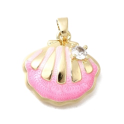 Pink Латунные микро проложить кубического циркония подвески, Эмаль стиле, реальный 18 k позолоченный, подвески в форме ракушек, розовые, 18.5x19x6 мм, отверстие : 4.5x3 мм