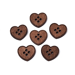 Brun Saddle 4Boutons en bois en forme de cœur avec trou, teint, selle marron, 18x20x2.5mm, Trou: 2mm
