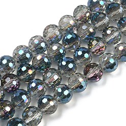 Стально-синий Прозрачные стеклянные бусины гальваническим пряди, граненые, круглые, стальной синий, 9~10 мм, отверстие : 1.3 мм, около 63~68 шт / нитка, 24.41~25.43'' (62~64.6 см)