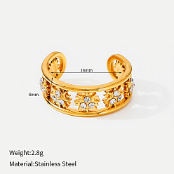 Golden 304 Stainless Steel & Rhinestone Cuff Open Rings, Star, Golden, 18mm