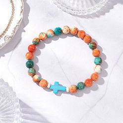 Бирюза Браслеты из окрашенного синтетического морского белого нефрита и бирюзы с эластичными бусинами для мужчин и женщин, крестик, бирюзовые, внутренний диаметр: 2-1/8 дюйм (5.5 см)