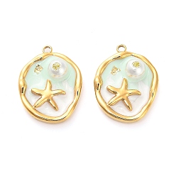 Бирюза 304 нержавеющей стальной эмали подвески, с блестящей пудрой и искусственным жемчугом, плоские круглые с морскими звездами, ионное покрытие (ip), реальный 18 k позолоченный, бирюзовые, 23.5x18x8 мм, отверстие : 1.8 мм