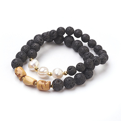 Lavastein Natürliche Lava Rock Perlen Paare Stretch Armbänder Sets, mit Ochsenknochenperlen und Perlenperlen, 2-1/8 Zoll ~ 2-3/8 Zoll (5.5~6 cm)