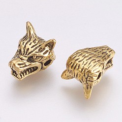 Античное Золото Сплавочные овальные бусины тибетского стиля , голова волка, античное золото , 9.5x13 мм, отверстие : 2 мм