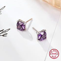 Purple Rhodium Plated Platinum 925 Sterling Silver Stud Earrings, with Square Cubic Zirconia, with 925 Stamp, Purple, 7x7mm