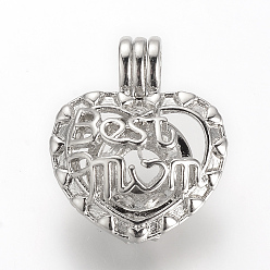 Platinum Mother's Day Theme, Alloy Diffuser Locket Pendants, Cage Pendants, Heart with Best Mom, Platinum, 23x19.5x10mm, Hole: 3.5x4.5mm, inner measure: 8.5mm
