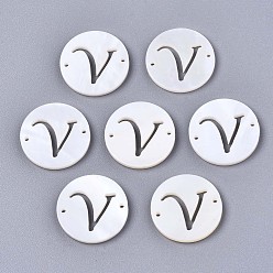 Letter V Natural Freshwater Shell Links Connectors, Flat Round with Letter, Letter.V, 14.5x1.5mm, Hole: 0.9mm