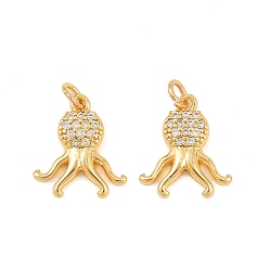 Осьминог Латунные микро проложить кубического циркония прелести, без свинца и без кадмия, стойки покрытие, долговечный, реальный 18 k позолоченный, осьминог, 14x12x2.5 мм, Перейти кольцо: 4x0.8 мм, внутренний диаметр: 2.5 мм