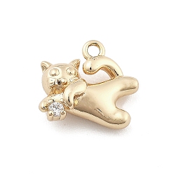 Cat Shape Латунные микро проложить кубического циркония подвески, животные прелести, реальный 14 k позолоченный, форма кошки, 11x13x5 мм, отверстие : 1.4 мм