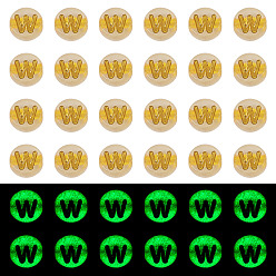 Letter W 50G Luminous Transparent Acrylic Beads, Flat Round with Letter, Glow in the Dark, Golden Metal Enlaced, Letter W, 7x4mm, Hole: 1.8mm, about 370pcs/50g