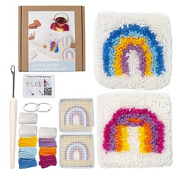 Радуга Комплект коврика для чашки с крючком-защелкой из полихлопка, наборы пряжи для вязания крючком своими руками, включая инструкции, ткань, пряжа, деревянная палка, радуга, 160x160 мм, пряжа: 9 мотки