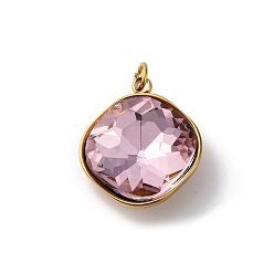 Розовый 316 подвески из граненого стекла из нержавеющей стали, ромб, ионное покрытие (ip), реальный 18 k позолоченный, с петлей, туманная роза, 17x14.5x6.5 мм, отверстие : 2.5 мм