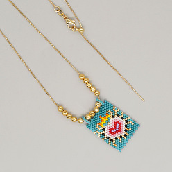 Небесно-голубой Подвеска в форме сердца из стеклянных бус во французском стиле с латунной коробкой, регулируемые ожерелья для женщин и мужчин, золотые, голубой