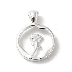 925 Sterling Silver Plated Brass Pendants, Ring with Rose Charms, 925 Sterling Silver Plated, 16.5x12.5x2mm, Hole: 2.5x4mm
