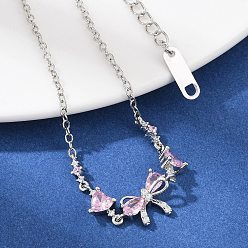 Платина Латунь микро проложить кубического циркония браслеты ссылку, браслеты-цепочки для женщин, бантом и сердце, платина, 6-3/4 дюйм (17.1 см)