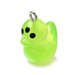 Lawn Green Luminous Transparent Resin Pendants, Duck Charm, with Platinum Zinc Alloy Loop, Glow in the Dark, Lawn Green, 21.5~22x12~12.5x18~19mm, Hole: 2mm