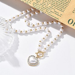 Настоящее золото 18K Ионное покрытие (ip) 304 ожерелья из нержавеющей стали с подвеской в форме сердца из кристаллов и страз, белые пластиковые бусины из жемчуга для женщин, реальный 18 k позолоченный, 17.64 дюйм (44.8 см)