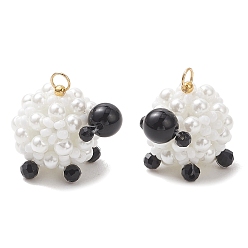 Белый Стеклянные жемчужные подвески, очарование овцы, с натуральными бусинами из черной шпинели и 304 открытыми соединительными кольцами из нержавеющей стали., белые, 22x16.5x16 мм, отверстие : 3 мм