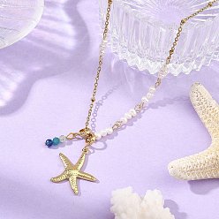 Golden Stainless Steel with Natural Mixed Gemstone Pendant Necklaces, Starfish Charms, Potato Natural Cultured Freshwater Pearl, Golden, Golden, 15.87 inch(40.3cm)