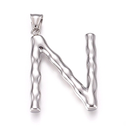 Letter N Устойчивые к потускнению 304 подвески из нержавеющей стали, бамбуковая буква, цвет нержавеющей стали, letter.n, 48x33x5.5 мм, отверстие : 5x8 мм