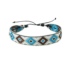 Deep Sky Blue Bohemia Polyester Braided Flat Cord Bracelet, Adjustable Bracelet for Women, Deep Sky Blue, 6-1/2~9-7/8 inch(16.5~25cm)