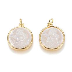 Золотой Природные подвески оболочки, с прыжковыми кольцами и латунными выводами, долговечный, плоские круглые с ангелом, золотые, 18.3x16x3.3 мм, отверстие : 3 мм