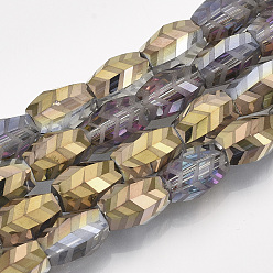Золотистый Стеклянные бусины с гальваническим покрытием , с половиным покрытием, матовые, граненые, баррель, золотые, 11x7.5x7.5 мм, отверстие : 1.2 мм, около 58~60 шт / нитка, 25.19~25.59 дюйм (64~65 см)
