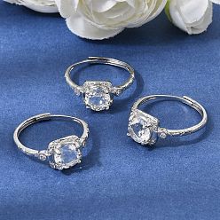 Quartz Crystal Brass Micro Pave Cubic Zirconia Finger Rings, Square, with Natural Quartz Crystal, Platinum, Square: 9.5x10mm, US Size 8 1/2(18.5mm)