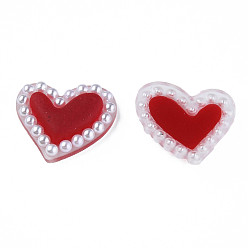 Dark Red Acrylic Cabochons, with ABS Plastic Imitation Pearl Beads, Heart, Dark Red, 21x24x5.5mm