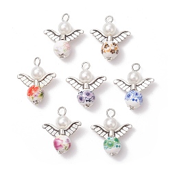 (52) Непрозрачная лаванда Подвески из фарфора и керамики с изображением ангела, с фурнитурой из сплава и круглыми бусинами из АБС-пластика, имитирующими жемчуг, разноцветные, 28x24.5x10.5 мм, отверстие : 3 мм