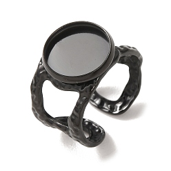 Black Hammered 304 Stainless Steel Cuff Ring Components, Round Pad Ring Setting, Ion Plating(IP), Long-Lasting Plated, Black, 13~13.5mm,18mm, Tray Size: 12mm