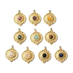 Настоящее золото 18K Природные каменные смешанные подвески, плоские круглые прелести, с 304 установками из нержавеющей стали, ионное покрытие (ip), реальный 18 k позолоченный, 17x12.5x4 мм, отверстие : 1.2 мм