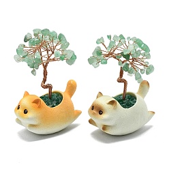 Зеленый Авантюрин Украшения из натурального зеленого авантюрина в виде дерева жизни с кошачьими украшениями, с керамической основой разных цветов и медной проволокой, фен-шуй энергетический камень подарок для домашнего офиса украшение рабочего стола, 69~70x43.9x90~97 мм