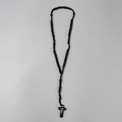 Black Jesus Cross Pinewood Pendant Polyester Cord Rosary Bead Necklaces for Men Women, Black, 22.83 inch(58cm)