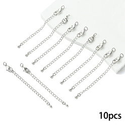 Платинированный 10шт. долговечный удлинитель цепи из латуни с покрытием, с застежками-лапками омара и шариками, Реальная платина, 12x7x3 мм, отверстие : 3.5 мм, продлить цепочку: 65мм, Кольцо: 5x1 mm