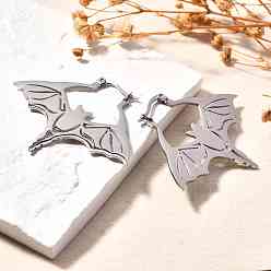 Нержавеющая Сталь Цвет Не тускнеющие 304 серьги-кольца из нержавеющей стали в форме летучей мыши для женщин, цвет нержавеющей стали, 41x51.5x1~2 мм