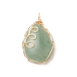 Green Aventurine Natural Green Aventurine Copper Wire Wrapped Pendants, Teardrop Charms, Golden, 33x20x19mm, Hole: 3.5x3mm