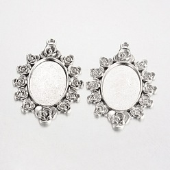 Античное Серебро Настройки кабошон большой кулон овальной тибетский стиль сплава роза рисунок, без кадмия и без свинца, античное серебро, лоток : 30x20 мм, 57x38x2 мм, Отверстие : 3 мм , около 94 шт / 1000 г