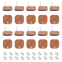 Шоколадный 20 пары квадратных сережек-гвоздиков из орехового дерева, с 40шт 304 фрикционными гайками из нержавеющей стали, цвет шоколада, 16x16 мм, отверстие : 1.8 мм, штифты : 0.7 мм