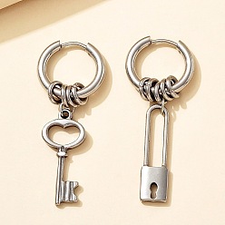 Нержавеющая Сталь Цвет Серьги из 201 нержавеющей стали, сердечный ключ и замок, слева и справа, цвет нержавеющей стали, 42x15 мм