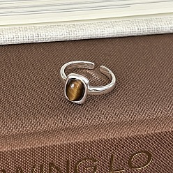 Тигровый глаз Латунные манжетные кольца с тигровым глазом, платина, овальные, внутренний диаметр: регулируемый