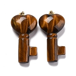 Тигровый глаз Природных тигровый глаз подвески, с золотым латунным прыжковым кольцом, Ключ с сердцем, 43x22x10.4 мм, отверстие : 3.8x5 мм