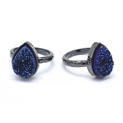 Синий Гальванизированный естественный druzy кварцевый кристалл палец кольца, с фурнитурой из экологически чистой латуни, без свинца и без кадмия, долговечный, плоско-круглые, Размер 7, металлический черный , синие, 17 мм