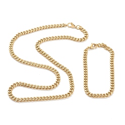 Золотой Ионное покрытие (ip) 304 кубинские звенья из нержавеющей стали браслеты и ожерелья комплекты ювелирных изделий, с карабин-лобстерами , золотые, 23.81 дюйм (60.5 см), 9-1/8 дюйм (23 см), ссылка: 8x6x3 mm