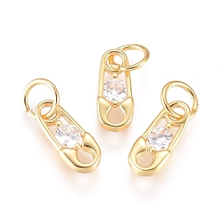 Золотой Латунь прелести, с фианитом и кольцами для прыжков, английская булавка, прозрачные, золотые, 10x4.5x2 мм, отверстие: 3.5 мм