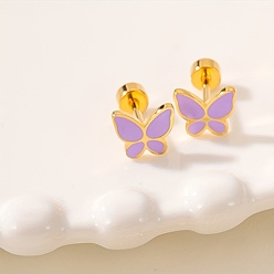 Фиолетовый Серьги-гвоздики с эмалью из нержавеющей стали в форме бабочки, золотые, фиолетовые, 7x8 мм