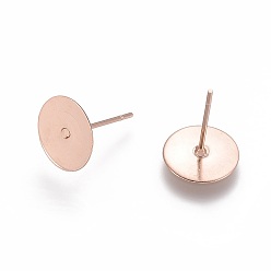 Rose Gold 304 Stainless Steel Stud Earring Findings, Flat Round, Rose Gold, 10x0.3mm, Pin: 12x0.7mm
