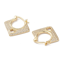 Real 16K Gold Plated Rhombus with Heart Clear Cubic Zirconia Hoop Earrings, Brass Jewelry for Women, Real 16K Gold Plated, 20.5x22x2mm, Pin: 0.7~1x0.6mm